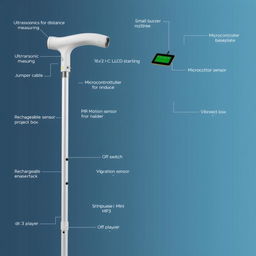 A detailed image of a high-tech white cane designed for visually impaired individuals, showcasing advanced technology integrated seamlessly into the design