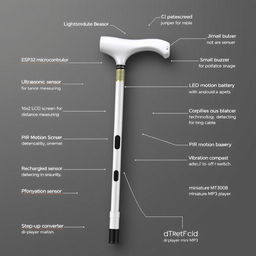 A detailed image of a high-tech white cane designed for visually impaired individuals, showcasing advanced technology integrated seamlessly into the design
