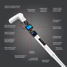 A detailed image of a high-tech white cane designed for visually impaired individuals, showcasing advanced technology integrated seamlessly into the design