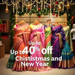 An elegant display of beautiful sarees in various colors and styles, showcasing intricate designs and patterns, with festive decorations in the background like twinkling lights and Christmas ornaments