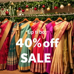 An elegant display of beautiful sarees in various colors and styles, showcasing intricate designs and patterns, with festive decorations in the background like twinkling lights and Christmas ornaments
