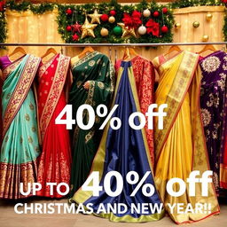 An elegant display of beautiful sarees in various colors and styles, showcasing intricate designs and patterns, with festive decorations in the background like twinkling lights and Christmas ornaments