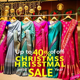 An elegant display of beautiful sarees in various colors and styles, showcasing intricate designs and patterns, with festive decorations in the background like twinkling lights and Christmas ornaments