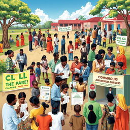 A vibrant scene depicting a district-wide descriptive cross-sectional survey in progress, showcasing a diverse group of community members participating in the awareness assessment of CL (Cutaneous Leishmaniasis)