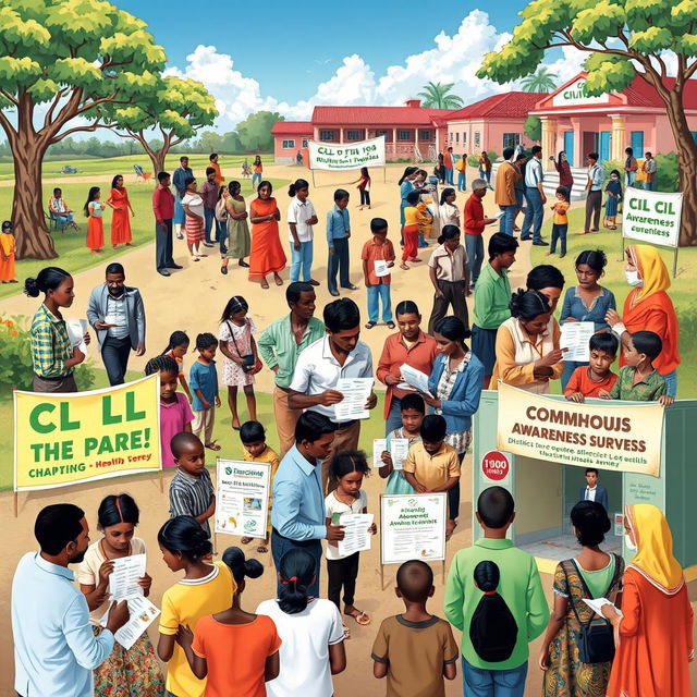 A vibrant scene depicting a district-wide descriptive cross-sectional survey in progress, showcasing a diverse group of community members participating in the awareness assessment of CL (Cutaneous Leishmaniasis)