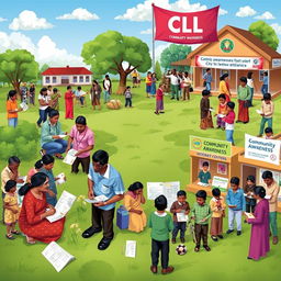 A vibrant scene depicting a district-wide descriptive cross-sectional survey in progress, showcasing a diverse group of community members participating in the awareness assessment of CL (Cutaneous Leishmaniasis)