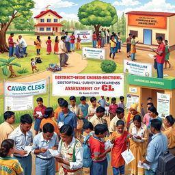 A vibrant scene depicting a district-wide descriptive cross-sectional survey in progress, showcasing a diverse group of community members participating in the awareness assessment of CL (Cutaneous Leishmaniasis)