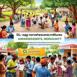 A vibrant scene depicting a district-wide descriptive cross-sectional survey in progress, showcasing a diverse group of community members participating in the awareness assessment of CL (Cutaneous Leishmaniasis)