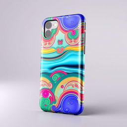 A realistic 3D rendering of a stylish phone case featuring a sleek design, vibrant colors, and intricate patterns