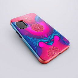 A realistic 3D rendering of a stylish phone case featuring a sleek design, vibrant colors, and intricate patterns