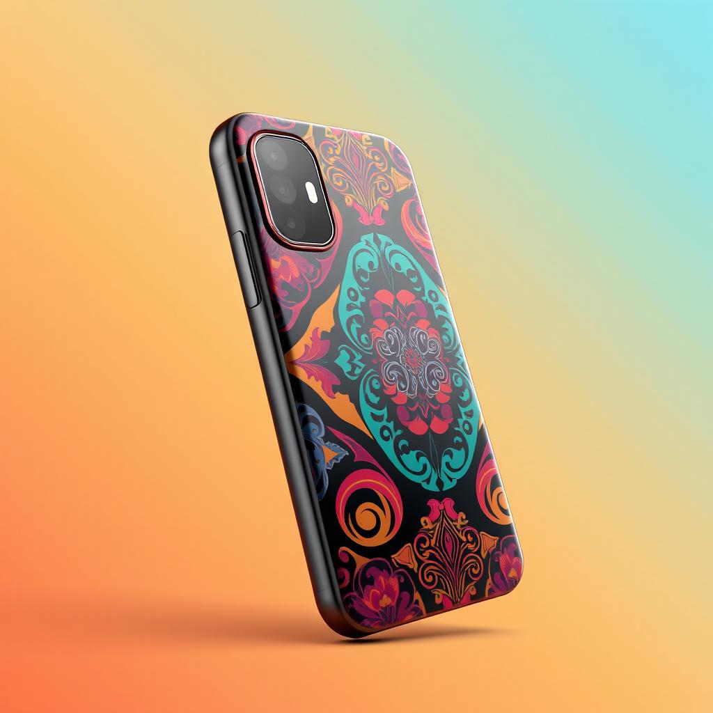 A realistic 3D rendering of a stylish phone case featuring a sleek design, vibrant colors, and intricate patterns