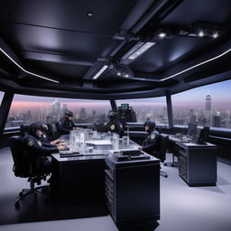 A glass penthouse office designed as a SWAT control room, accommodating five officers seated, structured according to the design elements in the provided link.