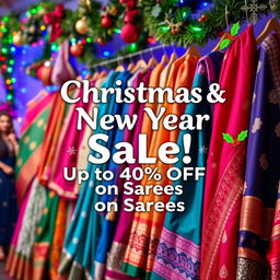 A vibrant and festive advertisement for a Christmas and New Year sale featuring traditional Indian sarees