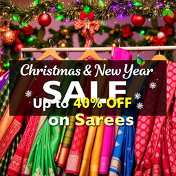 A vibrant and festive advertisement for a Christmas and New Year sale featuring traditional Indian sarees