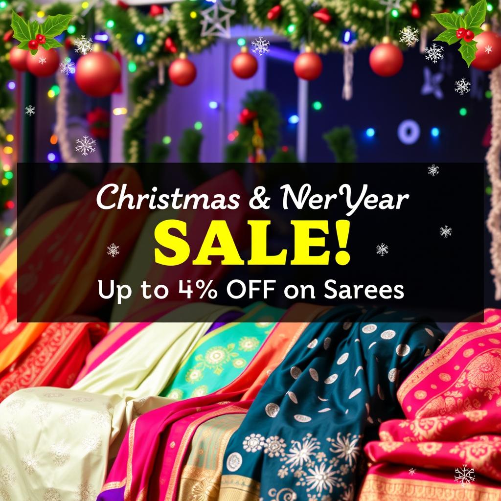 A vibrant and festive advertisement for a Christmas and New Year sale featuring traditional Indian sarees