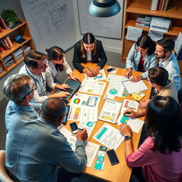 A collaborative scene showcasing the co-designing of intervention materials involving an interdisciplinary team