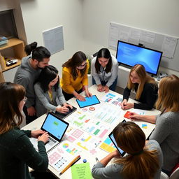 A collaborative scene showcasing the co-designing of intervention materials involving an interdisciplinary team
