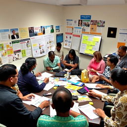 A collaborative workshop scene illustrating the process of modifying IEC (Information, Education, and Communication) materials based on community feedback
