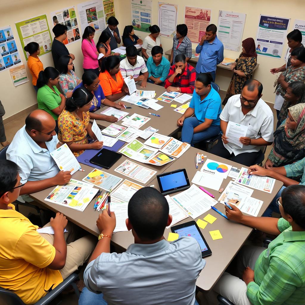 A collaborative workshop scene illustrating the process of modifying IEC (Information, Education, and Communication) materials based on community feedback