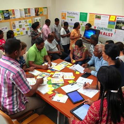 A collaborative workshop scene illustrating the process of modifying IEC (Information, Education, and Communication) materials based on community feedback