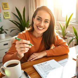 A person crossing off a task on their to-do list with a confident smile
