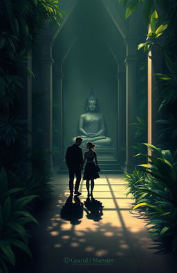 A digital painting depicting the shadow of a couple inside a serene Buddha monastery, surrounded by lush greenery deep within a jungle