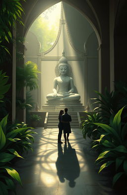 A digital painting depicting the shadow of a couple inside a serene Buddha monastery, surrounded by lush greenery deep within a jungle