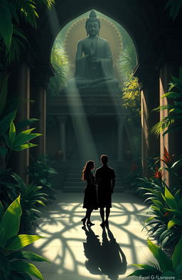 A digital painting depicting the shadow of a couple inside a serene Buddha monastery, surrounded by lush greenery deep within a jungle