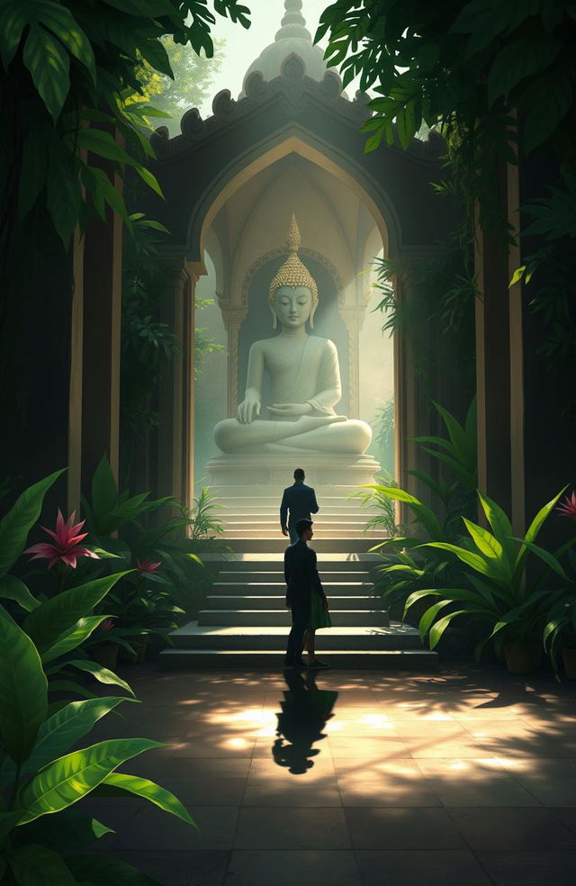 A digital painting depicting the shadow of a couple inside a serene Buddha monastery, surrounded by lush greenery deep within a jungle