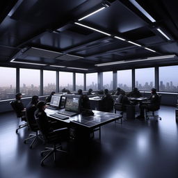 A glass penthouse office designed as a SWAT control room, accommodating five officers seated, structured according to the design elements in the provided link.