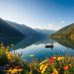 A serene landscape of a tranquil lake surrounded by lush green mountains, reflecting the clear blue sky above