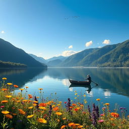A serene landscape of a tranquil lake surrounded by lush green mountains, reflecting the clear blue sky above