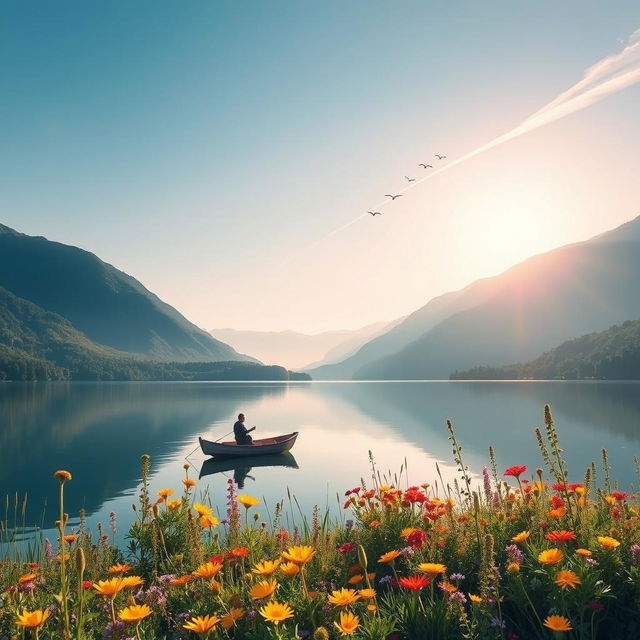 A serene landscape of a tranquil lake surrounded by lush green mountains, reflecting the clear blue sky above