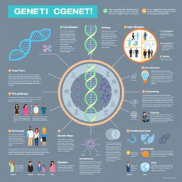A detailed infographic illustrating various genetic diseases, featuring distinct sections for each disease, showcasing images of DNA strands, chromosomes, and gene maps