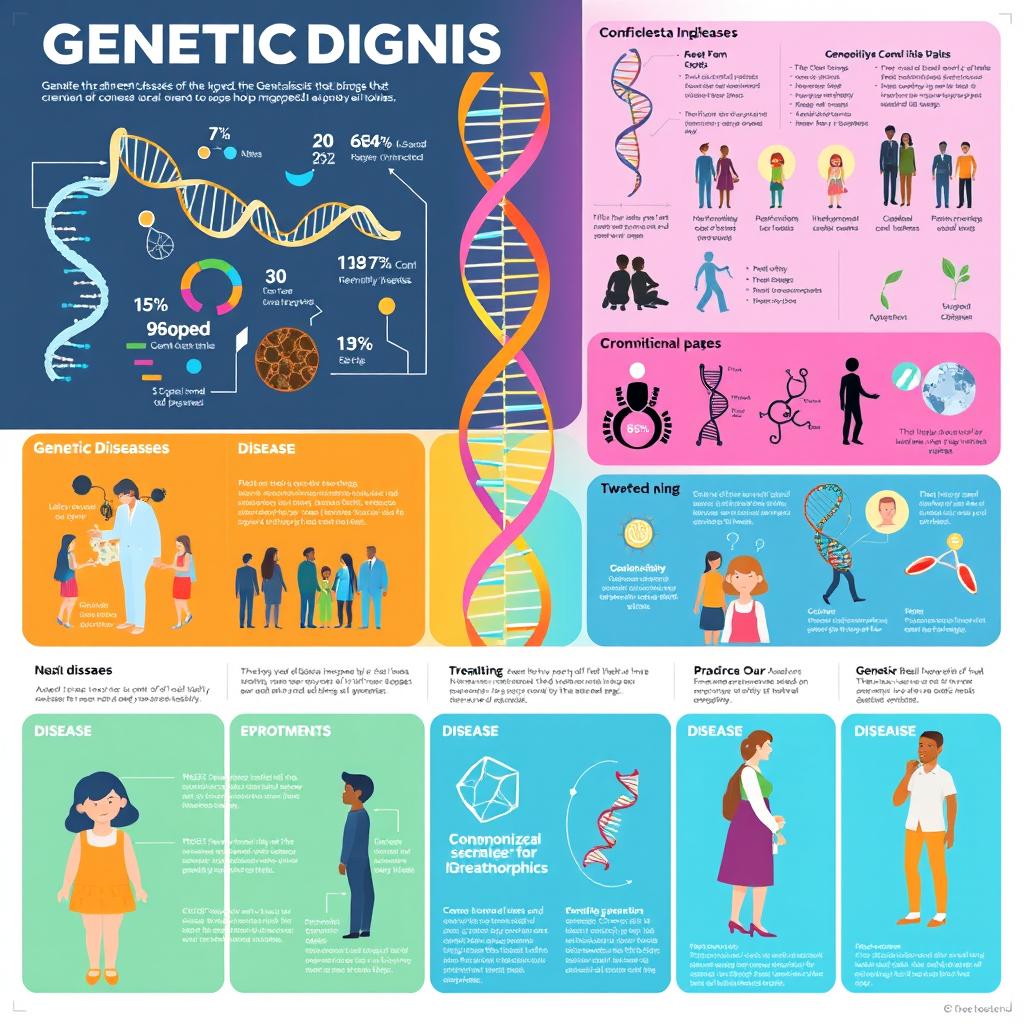 A detailed infographic illustrating various genetic diseases, featuring distinct sections for each disease, showcasing images of DNA strands, chromosomes, and gene maps