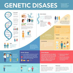 A detailed infographic illustrating various genetic diseases, featuring distinct sections for each disease, showcasing images of DNA strands, chromosomes, and gene maps