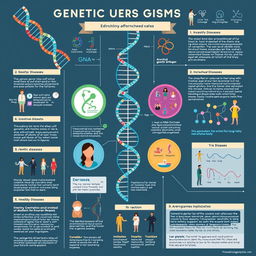 A detailed infographic illustrating various genetic diseases, featuring distinct sections for each disease, showcasing images of DNA strands, chromosomes, and gene maps