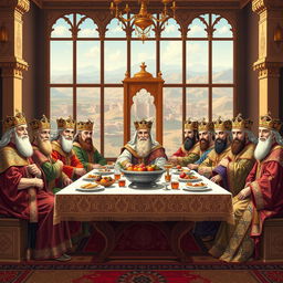 A stunning and highly detailed illustration of all the kings of Iran depicted in a grand scene inspired by Leonardo da Vinci's 'The Last Supper'