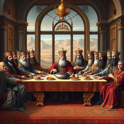 A stunning and highly detailed illustration of all the kings of Iran depicted in a grand scene inspired by Leonardo da Vinci's 'The Last Supper'