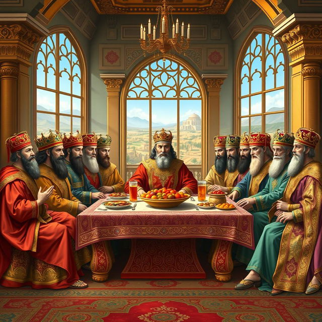 A stunning and highly detailed illustration of all the kings of Iran depicted in a grand scene inspired by Leonardo da Vinci's 'The Last Supper'