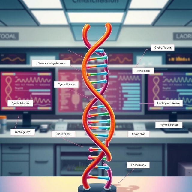 A visually striking and informative illustration depicting various genetic diseases, showcasing a comparison of DNA strands associated with each condition