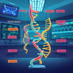 A visually striking and informative illustration depicting various genetic diseases, showcasing a comparison of DNA strands associated with each condition