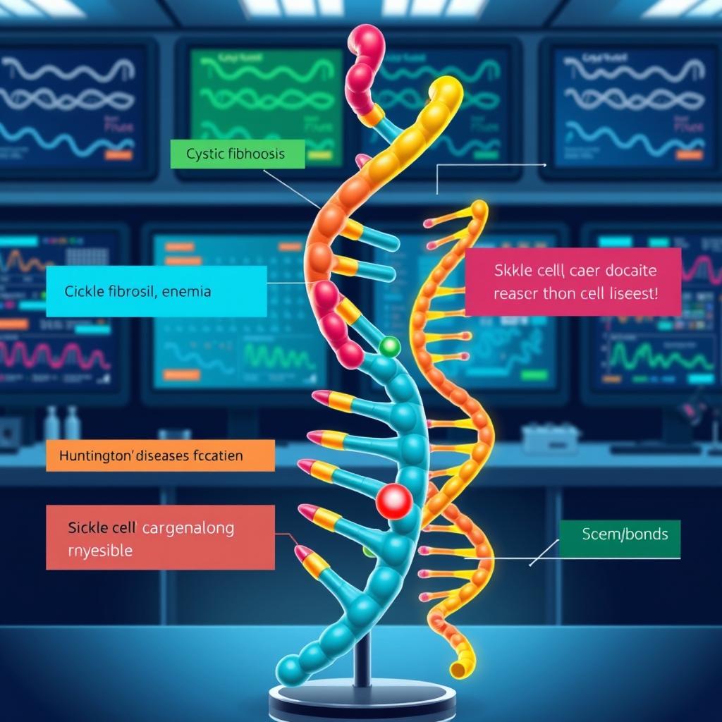 A visually striking and informative illustration depicting various genetic diseases, showcasing a comparison of DNA strands associated with each condition