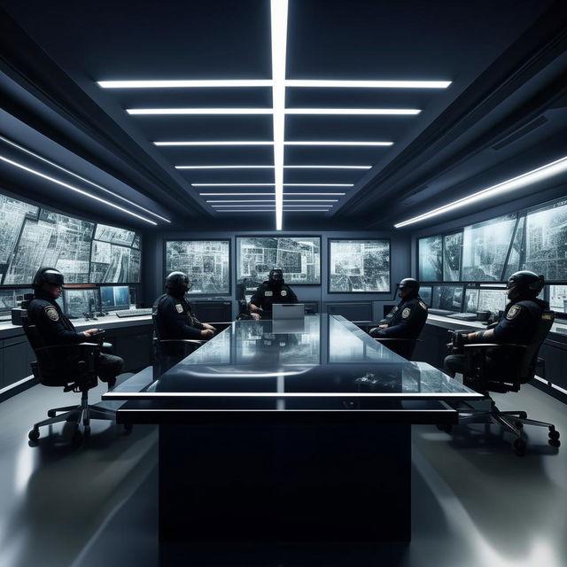 A glass penthouse office designed as a SWAT control room, accommodating five officers seated, structured according to the design elements in the provided link.