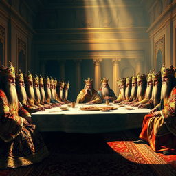 A grand depiction of the great kings of Iran seated at a long table inspired by Leonardo da Vinci's 'The Last Supper'