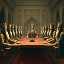 A grand depiction of the great kings of Iran seated at a long table inspired by Leonardo da Vinci's 'The Last Supper'