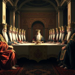 A grand depiction of the great kings of Iran seated at a long table inspired by Leonardo da Vinci's 'The Last Supper'