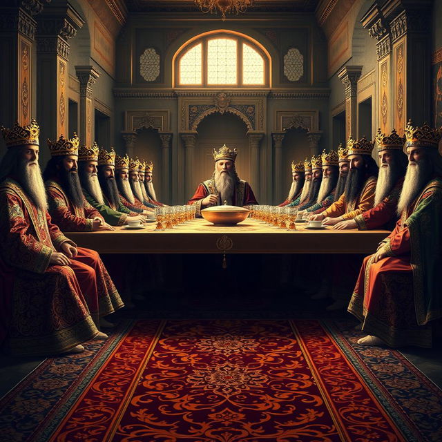 A grand depiction of the great kings of Iran seated at a long table inspired by Leonardo da Vinci's 'The Last Supper'