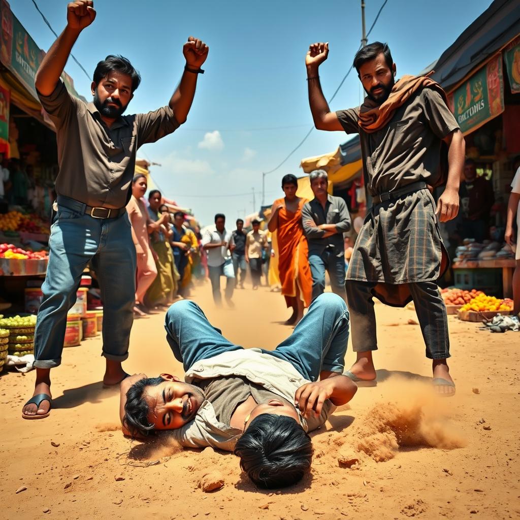 A dramatic scene in a bustling market, with a young man in casual clothing, showing signs of struggle and defeat as he lies on the ground