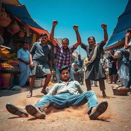 A dramatic scene in a bustling market, with a young man in casual clothing, showing signs of struggle and defeat as he lies on the ground